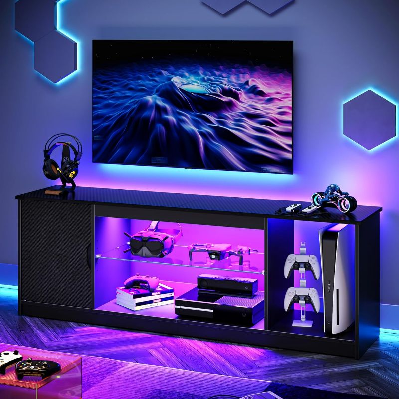 Photo 1 of Bestier LED TV Stand for 55/60/65 Inch TV, Gaming Entertainment Center with Cabinet for PS5, Xbox,Modern TV Cabinet with Adjustable Glass Shelves for Living Room, Bedroom 58 Inch,Black