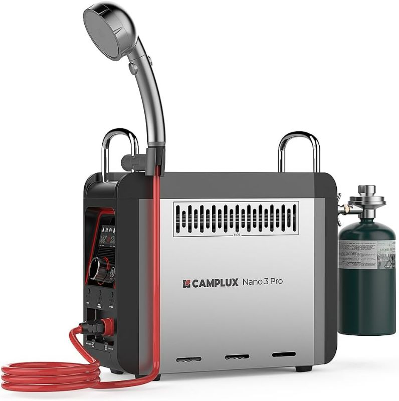 Photo 1 of CAMPLUX 1 lb Propane On-Demand Portable Water Heater Nano 3 Pro, Table Top Camp Water Heater & Shower Pump w/Built-in Battery, Compact Outdoor Camping Hot Showers