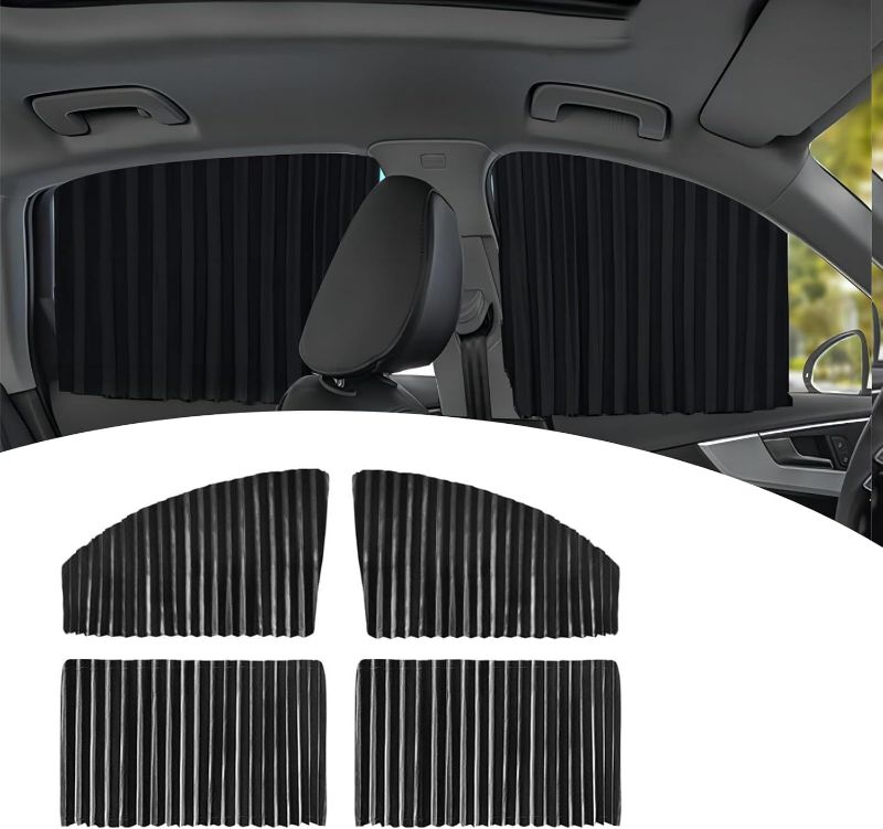 Photo 1 of 4 PCS Car Side Window Sun Shade, 17.71In x 31.49In Fabric Vehicle Front Curtain, Keep Cool, 35.43In x 17.71In Automotive UV Protector, Universal Automotive Heat Insulator (Black)