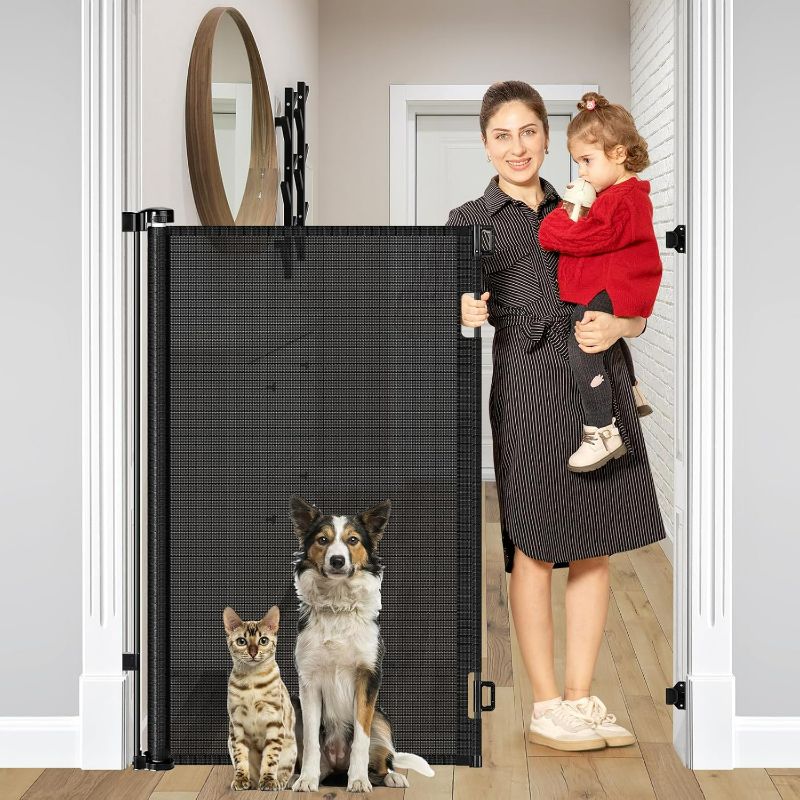 Photo 1 of 48 Inch Extra Tall Pet Gate, Extends to 55" Wide, Extra Tall Retractable Baby Gates for Dogs Extra Tall Dog Gate Indoor Tall Mesh Cat Gate for Doorways - Upgraded Height to Prevent Jumping Over, Black