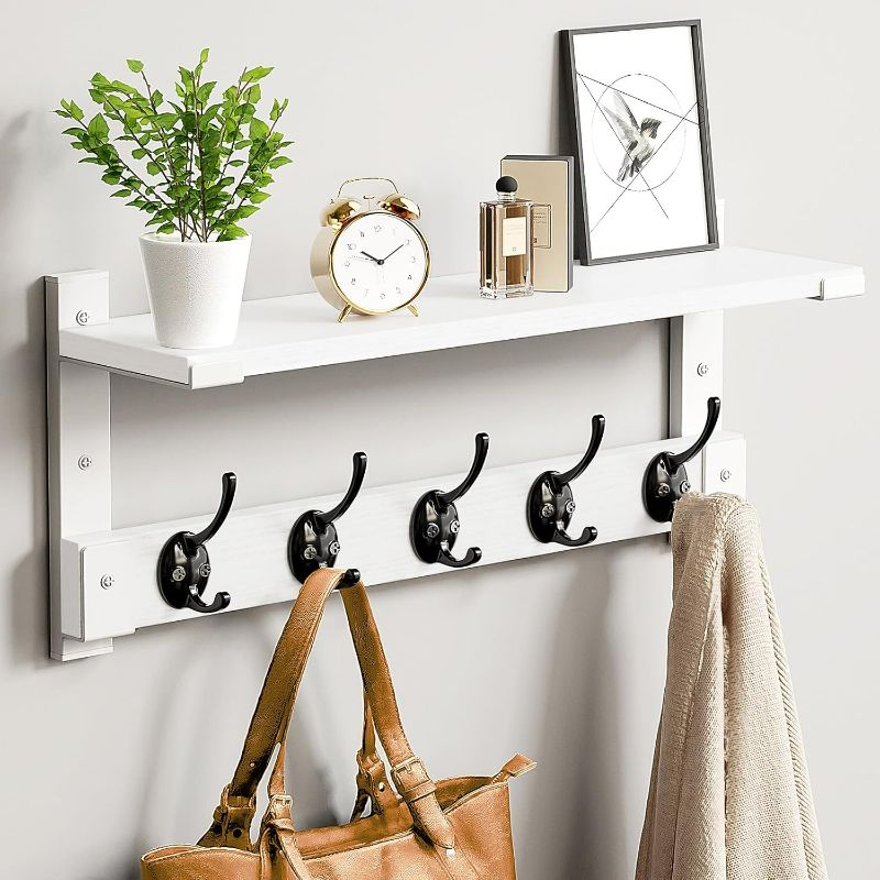 Photo 1 of Wall Hooks with Shelf, Coat Rack Wall Mount, Shelf with Hooks for Coat Backpack Key Clothes Hanger, Wall Floating Shelf Hanging in Entryway, Living Room, Bathroom, Bedroom, Kitchen(White)