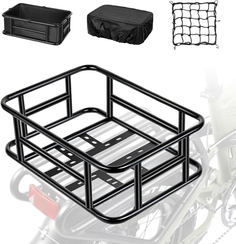 Photo 1 of Bike Basket Rear, Bicycle Basket Rear with Liner,Waterproof Cover,Cargo Net Large Rear Removable Metal Bike Basket, Heavy Duty Bicycle Rear Basket for Most Bikes and E-Bike