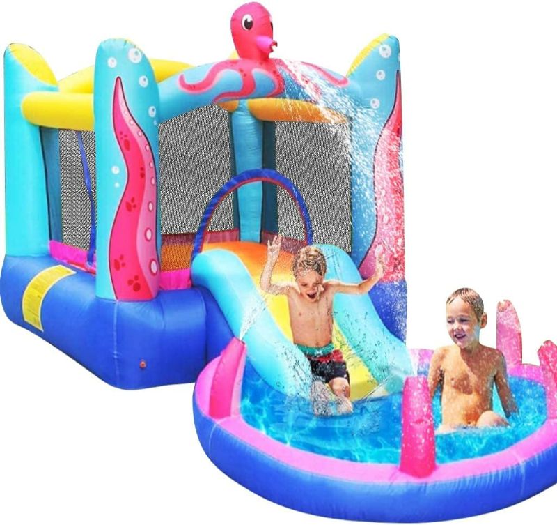 Photo 1 of Kid Water Slide Inflatable Bounce House Castle with 350W Blower Spray Water Pool Ball Pit Octopus Blow up Inflatable Jumping Bouncy Houses for Kids Toddlers Outdoor Indoor Bouncer Party Toys