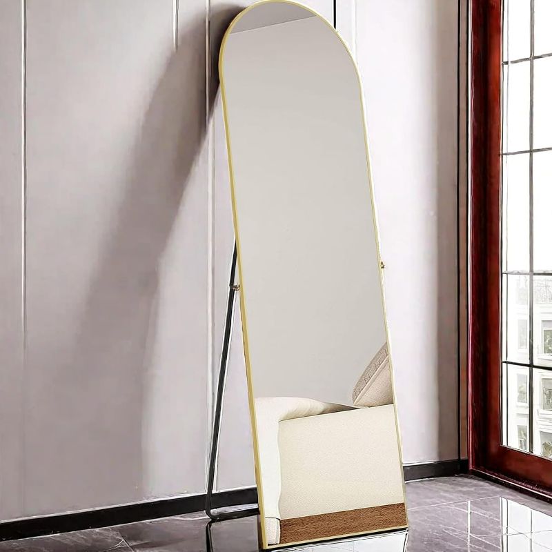 Photo 1 of Full Length Mirror with Stand, 59"X16" Aluminum Alloy Floor Standing Mirror, Wall Mirror Hanging or Leaning Against, Body Mirror for Bedroom Living Room Dressing Room, 59IN-Arched-Gold