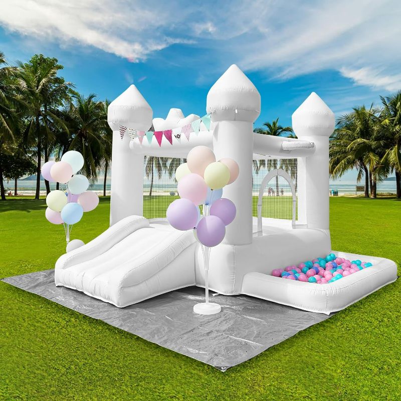 Photo 1 of JIOJIOPLAY 9FT White Bounce House,Inflatable Toddler Bouncy House for 3-6 Age Kids Party Gift with Blower White Jumper Bouncy Castle Wedding Decorations for Outdoor Play Backyard