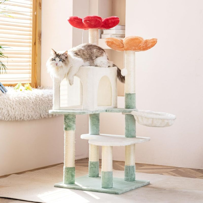 Photo 1 of HYABi 48in Hanging Basket Flower Cat Tree Tower Condo Furniture Apartment Plush Habitat Kitten Amusement Platform with Scratch Posts Toy Ball Pet House Play (Large 48" H)