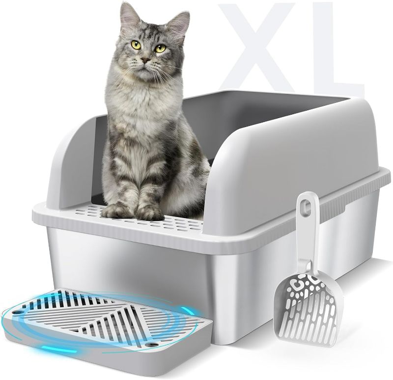 Photo 1 of Enclosed Stainless Steel Cat Litter Box with Lid Extra Large Litter Box for Big Cats XL Metal Litter Pan Tray with High Wall Sides Enclosure, Non-Sticky, Anti-Leakage, Easy Cleaning