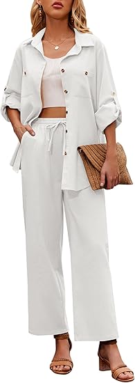 Photo 1 of (XL) Zeagoo Women 2 Piece Linen Sets 2023 Button Down Shirt and Drawstring Long Pants Set Summer Outfits color ( off-white)  size (XL)