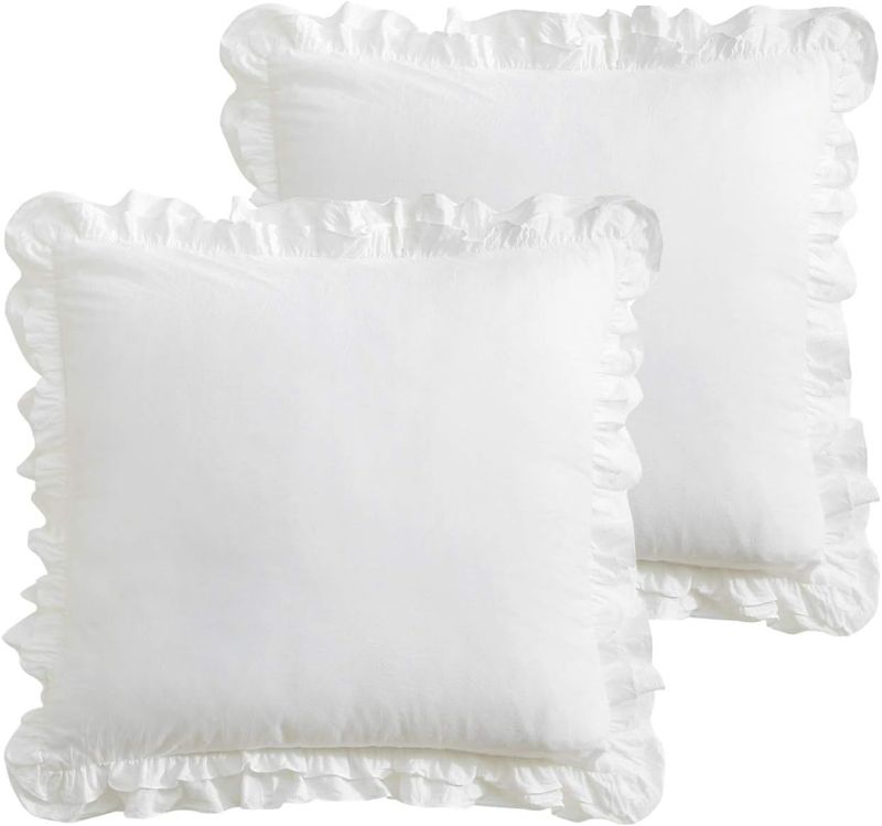 Photo 1 of 2 Pack White Ruffled Euro Shams Pillow Covers, Washed Cotton 26x26 inches Farmhouse Bed Pillowcases (White, 26x26 inches)