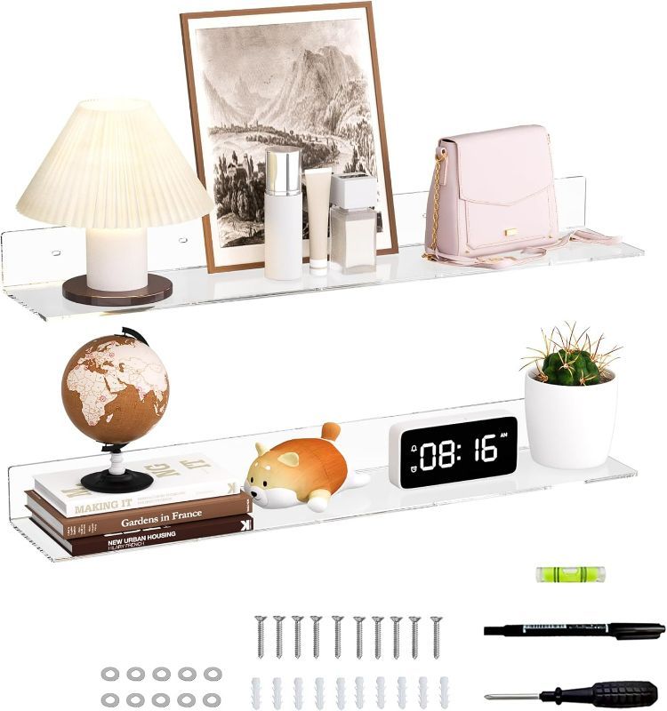 Photo 1 of 30 Inches Clear Long Floating Shelves for Wall, Acrylic Wall Shelf for Plants, Radio, Funko Pop, Books, Picture Frame, Clock, Cosmetics, Toiletries, 2 Pack(30 Inch)