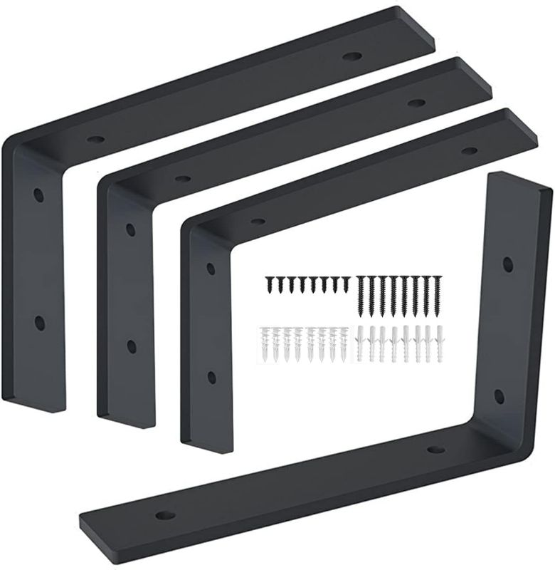 Photo 1 of 12 Inch Shelf Bracket Heavy Duty L Shelf Bracket 12 x 8 Inch Metal Shelf Bracket with Hardware, Black, 4 Pack