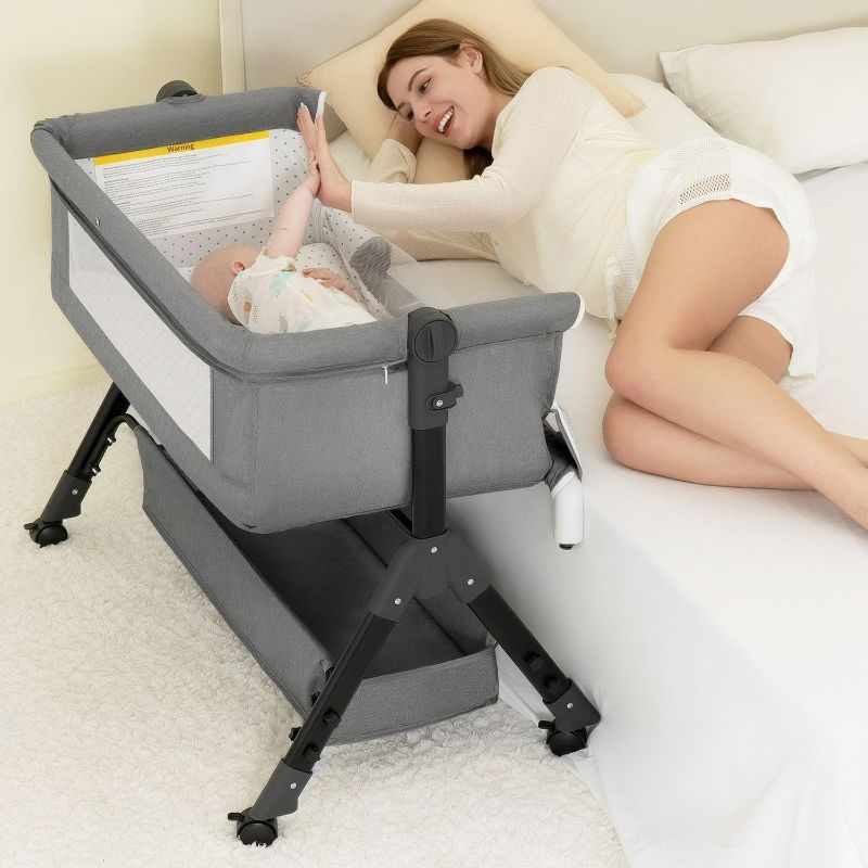 Photo 1 of 3 in 1 Baby Bassinet Bedside Sleeper, Bedside Crib for Baby, Adjustable Baby Bassinet with Wheels, Storage Basket, Mattress, Easy Assemble & Folding Portable Baby Cradle (Grey)