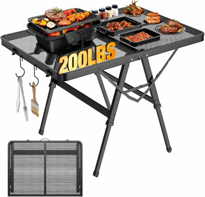 Photo 1 of Foldable Grill Table with Mesh Desktop, 200lbs 3Ft Portable Folding Table, Height Adjustable Metal Table for Ourdoor, Camping, Picnic, BBQ and Beach, RV, 35.4" L x 23.6" W