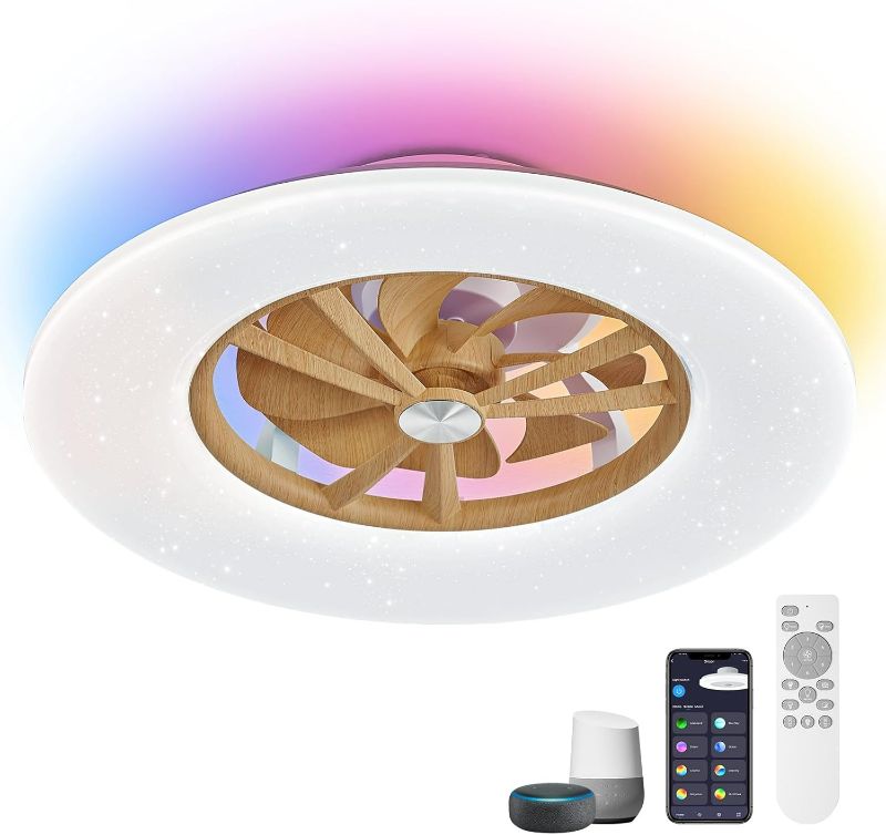 Photo 1 of .Orison RGB Ceiling Fans with Lights, 24'' Low Profile Ceiling Fan with Light and Remote, Smart Ceiling Fans with 8 Blades, Compatible with Alexa, Google Home and App Controlled (Wood)