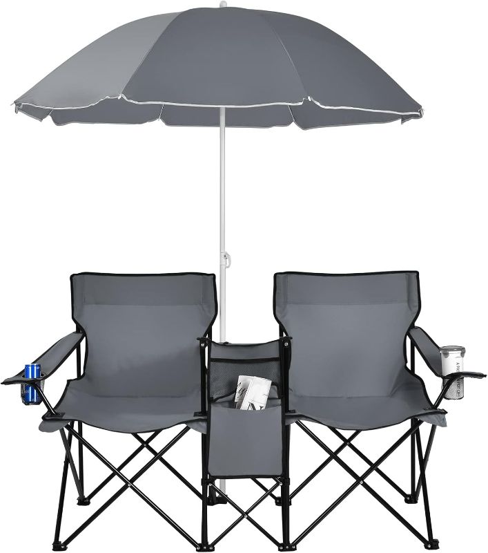 Photo 1 of Goplus Double Camping Chair with Umbrella, Folding Loveseat Chairs w/Canopy Shade, Carrying Bag, Table, Cup Holder, Portable Beach Chairs Outdoor Picnic Patio (Grey)