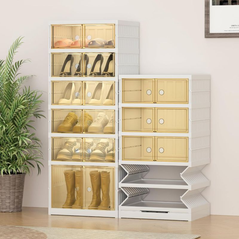 Photo 1 of Foldable Shoe Rack Organizer for Closet, 6-Tier 12Pairs Folding Shoe Box Storage Cabinet with Clear Door, Plastic Collapsible Shoe Shelf with Lids Easy Assembly for Entryway, Front Door, Living Room