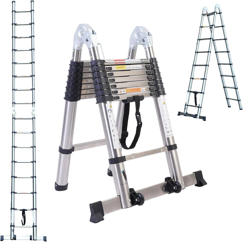 Photo 1 of BOWEITI Telescoping Ladder,16.5FT Telescoping A Frame Ladders with Movable Wheel,Household Use Stainless Steel Folding Ladder,Multi-Purpose Collapsible Ladder for Outdoor Work