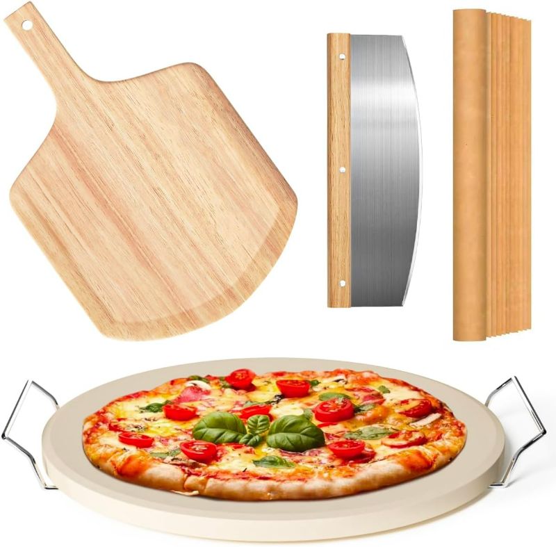 Photo 1 of 5 PCS Round Pizza Stone Set, 13" Pizza Stone for Oven and Grill with Pizza Peel(OAK),Serving Rack, Pizza Cutter & 10pcs Cooking Paper for Free, Baking Stone for Pizza, Bread