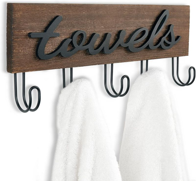 Photo 1 of Mkono Towel Holder Wall Mounted Towel Racks for Bathroom Farmhouse Decor Rustic Wood Towel Hooks Hang Towels Bathrobe Coat Clothing 12.6" x 5.2" Bath Towel Hanger Storage Organizer