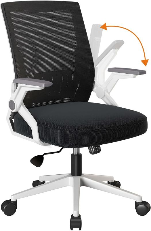 Photo 1 of COMHOMA Office Chair with Flip-up Armrests Ergonomic Computer Desk Chair Foldable Mesh Task Chair with Wheels Adaptive Lumbar Support Swivel Tilt Comfortable Study Chair for Student, White