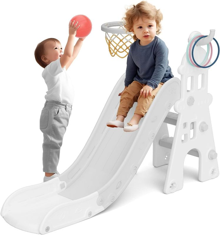 Photo 1 of 67i Indoor Toddler Slide Outdoor Play Slide for Toddler 1-3 Baby Slide Kids Slide Indoor Outdoor Playset for Toddlers Plastic Slide with Basketball Hoop and Ball Slide for Boys and Girls (Grey White)