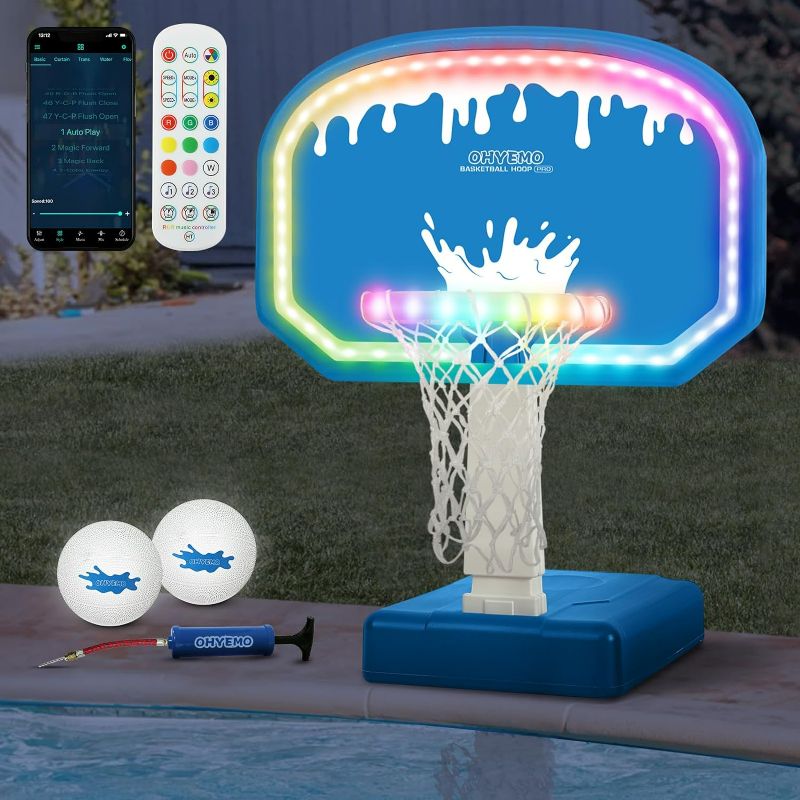 Photo 1 of LED Pool Basketball Hoop, Oversized Swimming Pool Basketball Game Set with 14in LED Rim/2 Glow Balls/Base/Pump, App & Music Sync for Inground Pool, Light Up Pool Games Toys for Adults Teens