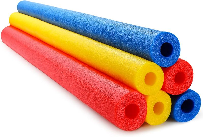 Photo 1 of 6 Pack 55 Inch x 3.5 Inch Jumbo Pool Noodles Floating Pool Noodles Foam Tube Extra Large Hollow Bright Pool Noodles Floats Heavy Duty for Boys Girls Adults Swimming