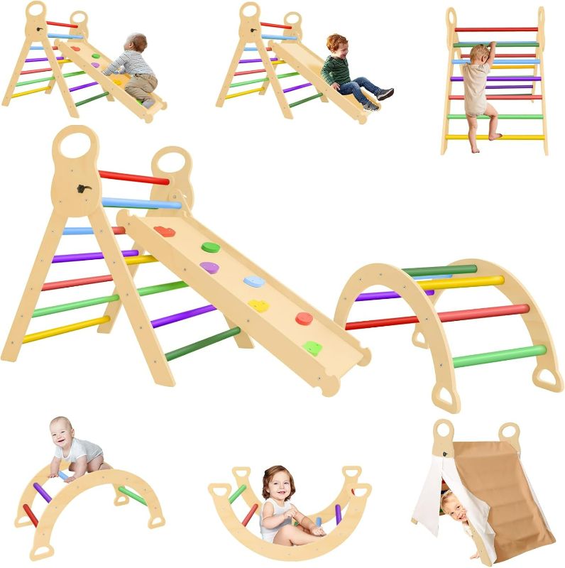 Photo 1 of 7 in 1 Pikler Triangle Set, Foldable Toddler Baby Climbing Toys with Arch&Ramp&Ladder, Wooden Montessori Climbing Set with Tent, Baby Climber Indoor Playground Jungle Gym for Toddlers Montessori Toys