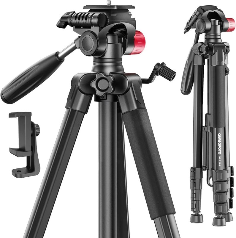 Photo 1 of 74"-Camera-Tripod, Porfessional Aluminum Heavy Duty Tripod Stand for Mirrorless Camera/DSLR/Cell Phone/Camcorder, with Holder and Travel Bag