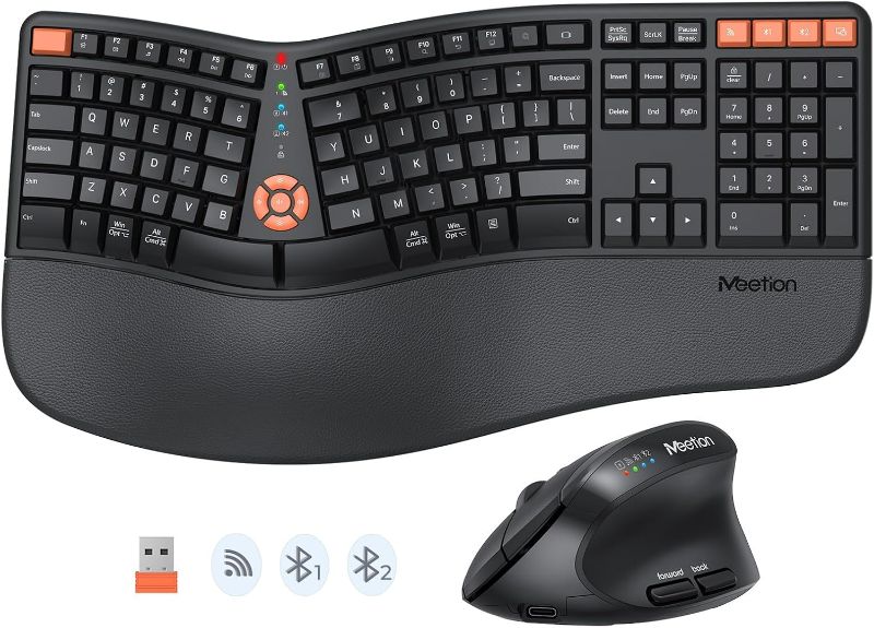 Photo 1 of MEETION New Ergonomic Keyboard and Mouse Wireless Combo, Bluetooth/2.4G Ergo Split Keyboard with Palm Rest, 4 DPI Adjustable Wireless Mouse, Full Size Rechargeable Keyboard Mouse, Black