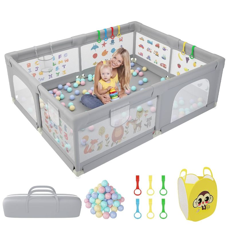 Photo 1 of Baby Playpen 79 x 63 inch, Extra-Large Baby Play Pen with Colorful Patterns, 50 Ocean Balls, 6 Pull Rings, Balls Storage Basket, Durable Zippered Door, Non-Slip Suction Cups, Storage Bag