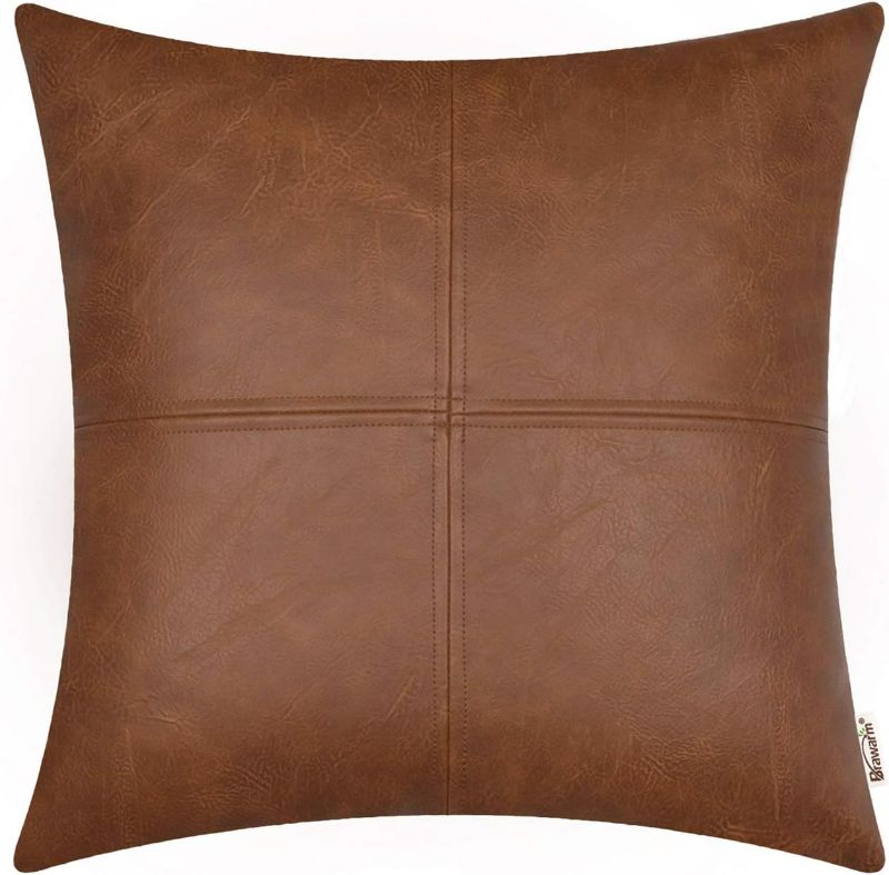 Photo 1 of BRAWARM Faux Leather Throw Pillow Covers 18 X 18 Inches, Brown Leather Pillow Cover, Hand Stitched Leather Decorative Pillow Cover for Couch Sofa Bed Living Room Home Garden ( dark brown )