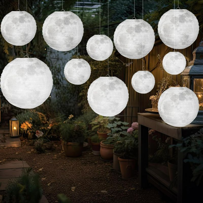 Photo 1 of 12 Pcs Moon Lantern Paper Space Room Decorations LED Outer Space Moon Party Decorations Moon Hanging Paper Chinese Lanterns for Room Ceiling (12 Inch)