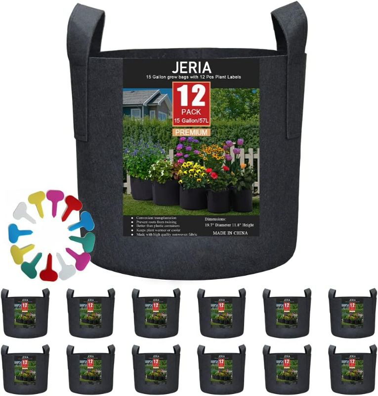 Photo 1 of JERIA 12-Pack 15 Gallon, Vegetable/Flower/Plant Grow Bags, Aeration Fabric Pots with Handles (Black), Come with 12 Pcs Plant Labels