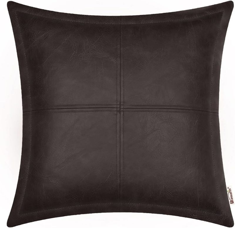 Photo 1 of BRAWARM Coffee Leather Throw Pillow 20 X 20 Inches, Faux Leather Pillow Cover with Piping, Hand Stitched Leather Decorative Throw Pillow Covers for Couch Sofa Bed Living Room Garden