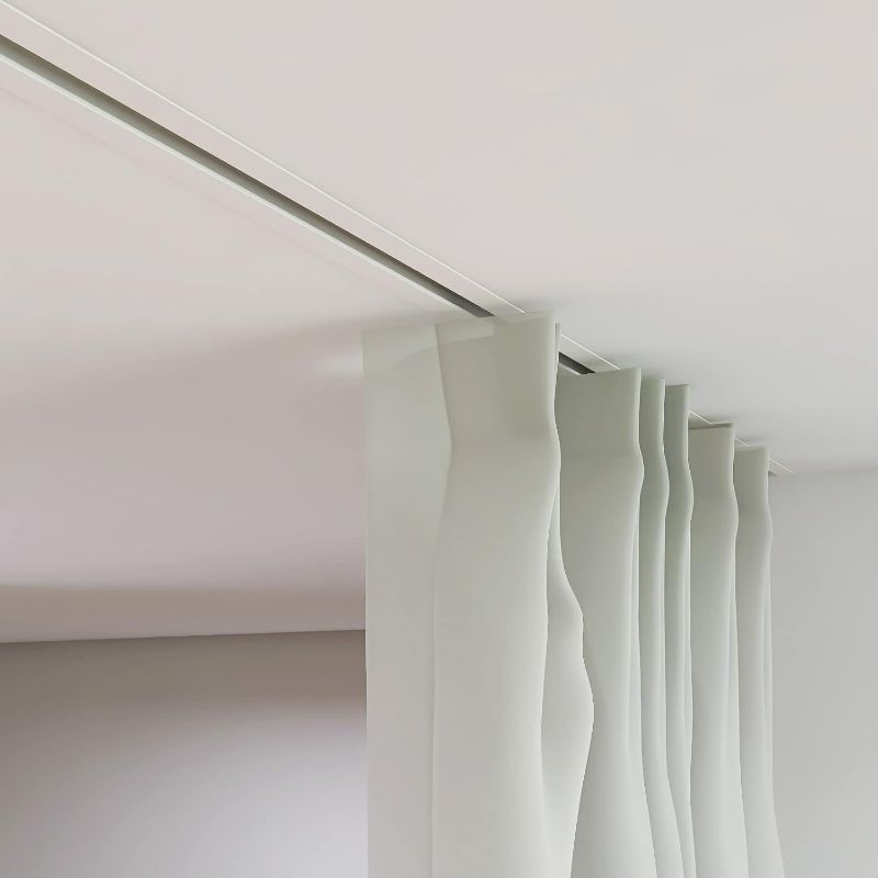 Photo 1 of Ceiling Mount Curtain Tracks,Hidden Ceiling Tracks for Curtains,Built-in invisible curtain tracks with Silent Rollers,Room Divider Curtain Rod for Home Office,112 Inch (White)