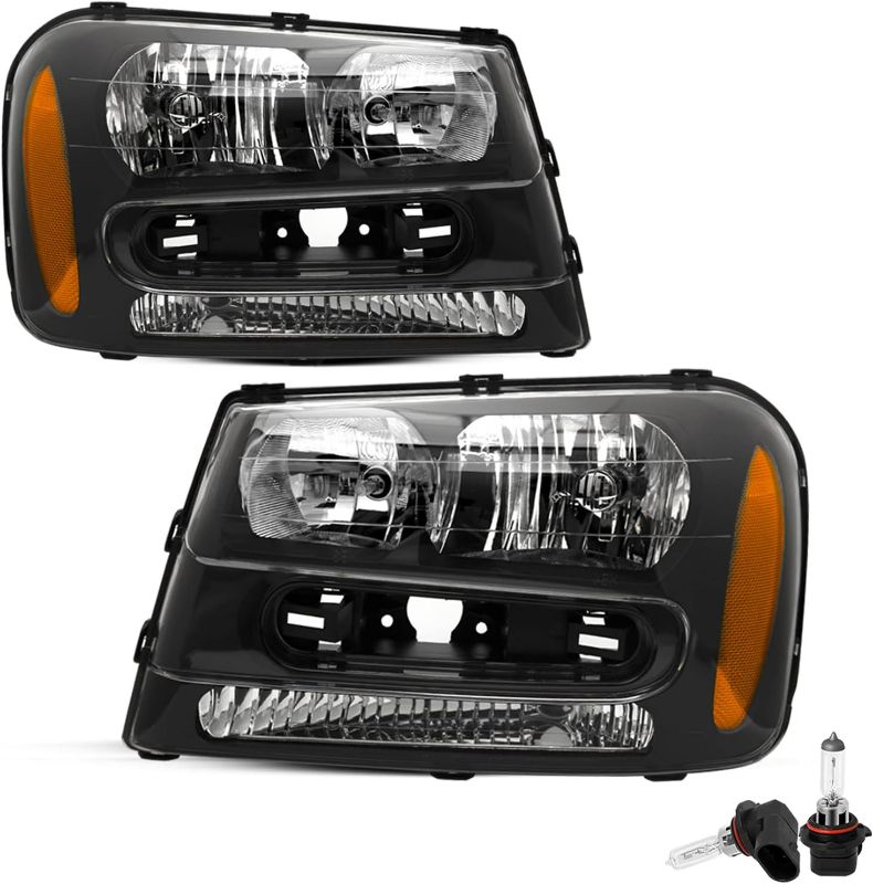 Photo 1 of JSBOYAT Headlight Assembly with Bulbs Replacement for 2002-2009 Chevy Trailblazer just the Driver Side, Black Housing with Amber Reflector