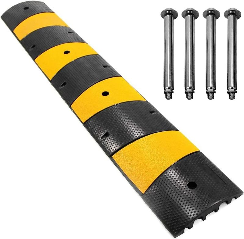 Photo 1 of 72" Long Rubber Speed Bump 1 Pack 2 Channel Heavy Duty Cable Protector Ramps 27000Lbs Load Capacity Traffic Speed Humps with 4 Bolts Spikes for Asphalt Concrete Gravel Driveway (missing screws)