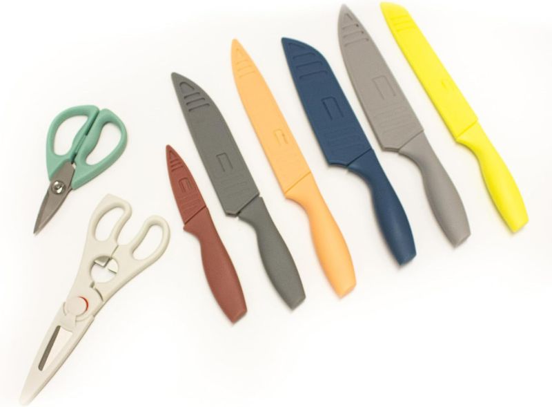 Photo 1 of BergHOFF 15Pc Multicolor Knife Set Stainless Steel Nonstick Coated Blade, Ergonomically Designed Handle PP Fitted Protective Sleeve Sharp & Well Balanced. ( Missing small scissors and navy blue knife )