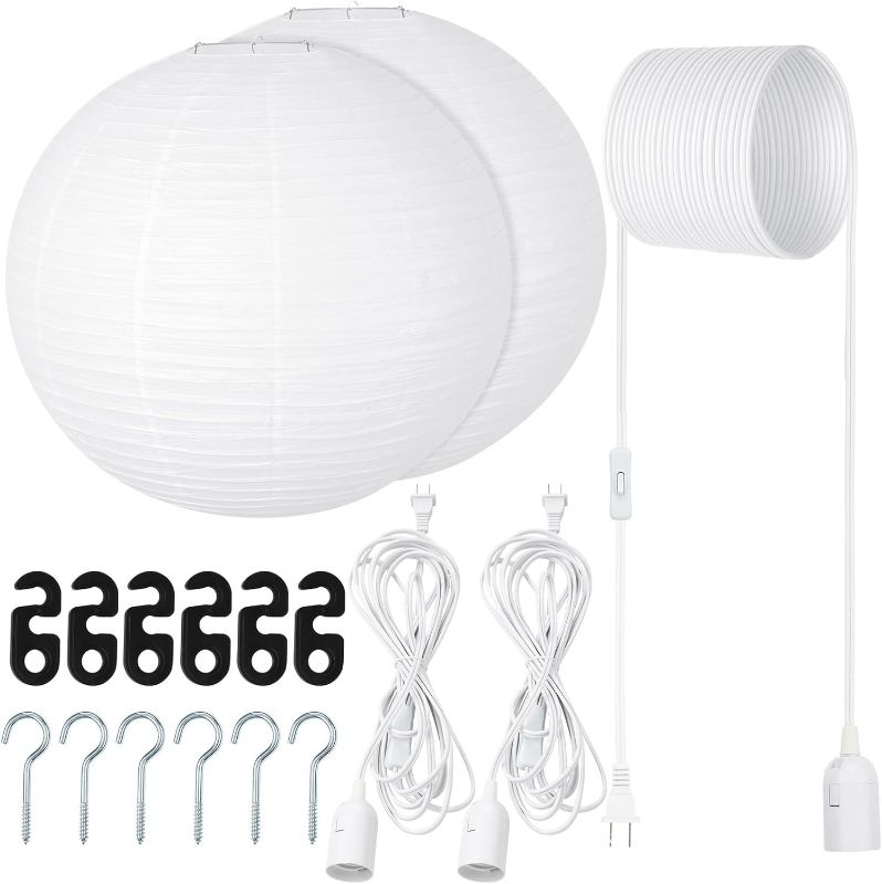 Photo 1 of 2 Sets Jumbo Round Paper Lanterns with Lamp Cord Cable White Hanging Paper Lanterns Chinese Japanese Pendant Hanging Lamp for Birthday Wedding Bridal Anniversary Party Decoration(30 Inch)