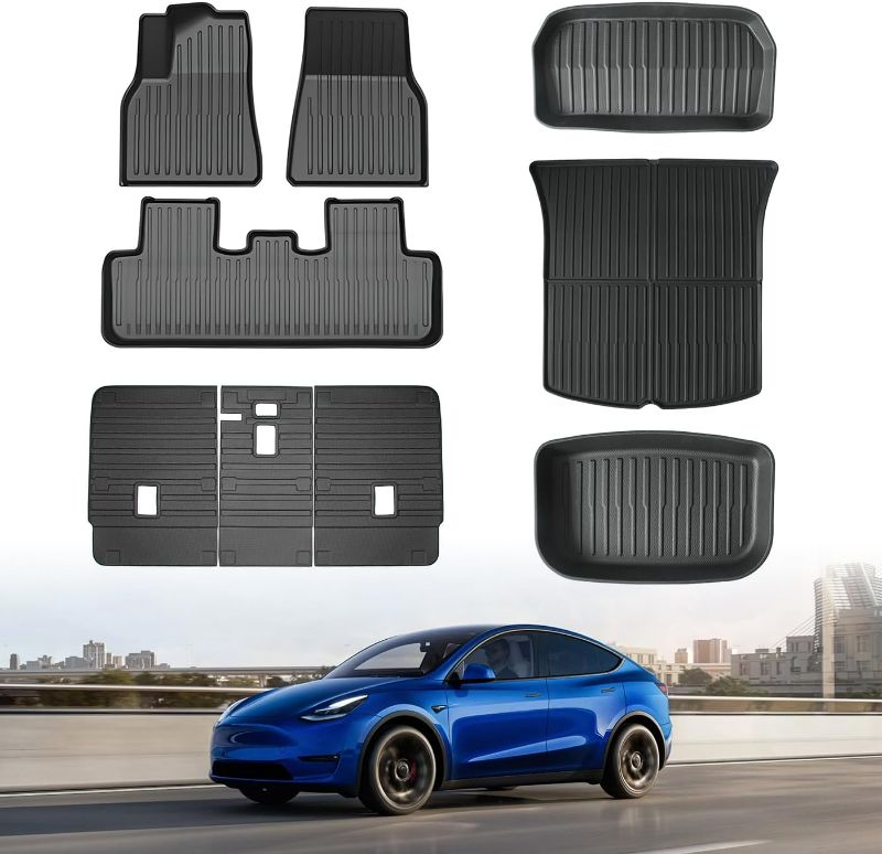 Photo 1 of Floor Mat for Tesla Model Y 5 Seater 2024-2020 3D All Weather Floor Mats for Model Y 9PCS TPE Full Set Floor Mat for Model Y with Front Rear Cargo Liner and Seat Back Mat-5 Seater