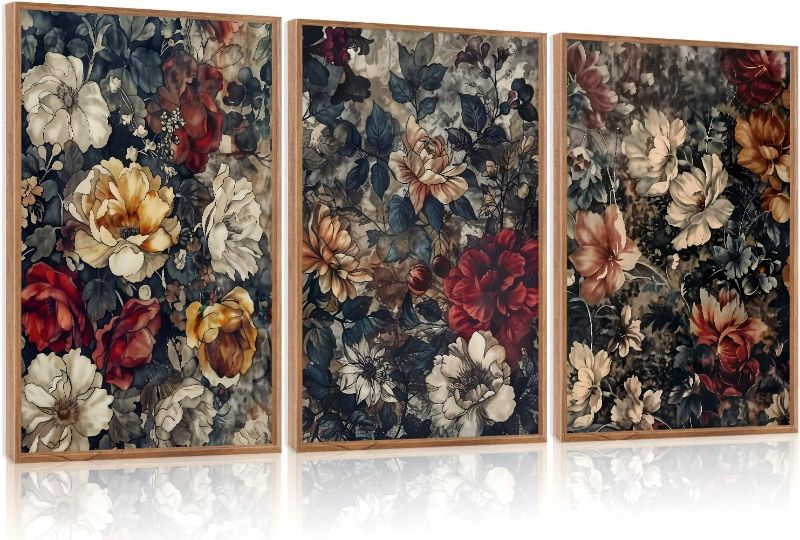 Photo 1 of Aurlan Dark Moody Boho Wildflowers Wall Art Set(16"x24"), 3 Pieces Vintage Mid Century Modern Floral Framed Canvas Artwork, Large French Penoy Botanical Wall Decor for Office Bedroom Living Room