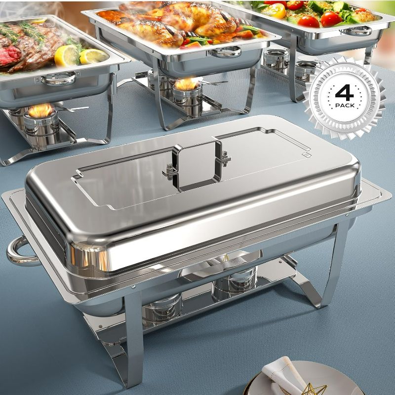 Photo 1 of Chafing Dishes for Buffet 4 Pack, [Ultrasonic Mirror Polishing] Chafing Dish Buffet Set 9QT, [Rolled Edge Finger Protection] Buffet Servers and Warmers for Any Party, Wedding, Birthday and Hotel