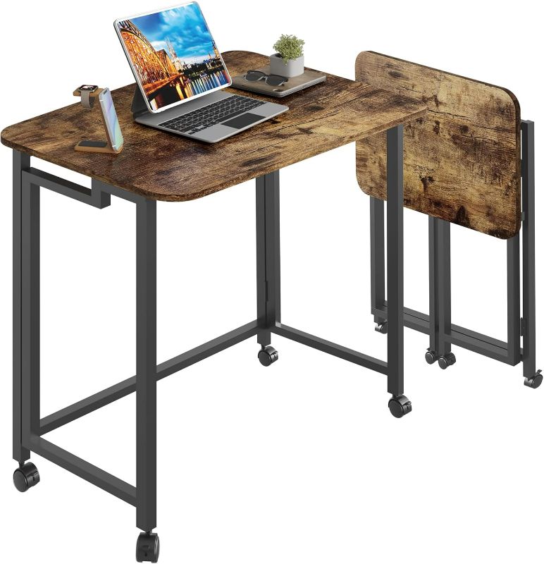 Photo 1 of 4NM 23.6" Mobile Small Folding Desk, Adjustable Rolling Compact Laptop Cart Desk, Couch Desk, Bed Desk for Laptop for Small Space Offices - Rustic Brown and Black