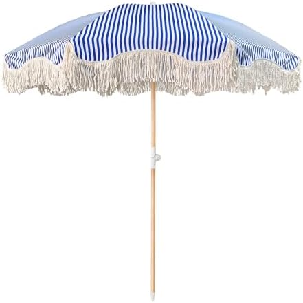 Photo 1 of 6.5ft Heavy Duty Patio Umbrella with Fringe Blue and White Stripe Beach Umbrella for Sand Pool