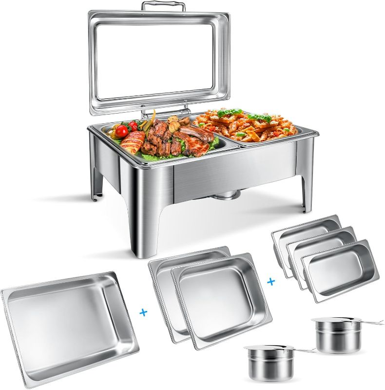 Photo 1 of 9 QT Chafing Dish Buffet Set with Glass Lid,Food Warmers for Parties,2 Half-Size & 3 Third-Size Chafing Server Dish, Chafing Dishes for Buffet, Wedding, Event and Other Holidays