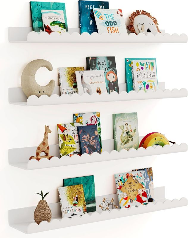 Photo 1 of G&W Gruwald 4 Pack White 23 Inches Acrylic Book Shelf for Kids Room, Floating Kids Book Shelves for Wall, Nursery Book Shelves, Magazine Rack, Picture Ledge (White, 23)