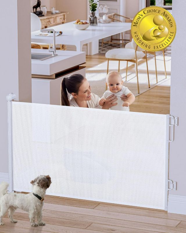 Photo 1 of Cumbor Dog Gate Retractable Baby Gates for Doorways, Family & Mom's Choice Awards Winner- 55" Wide Mesh Pet Gate for Dogs, 34" Tall Safety Gates for The House,Puppy Gate Indoor & Outdoor, White