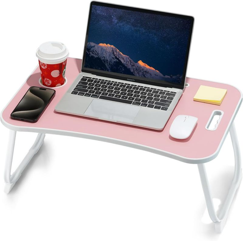 Photo 1 of Laptop Bed Desk, Foldable Lap Table, Portable Study Table, Laptop Stand with Cup Holder & Tablet Slot & Lifting Handle for Working Writing Drawing & Eating - Pink