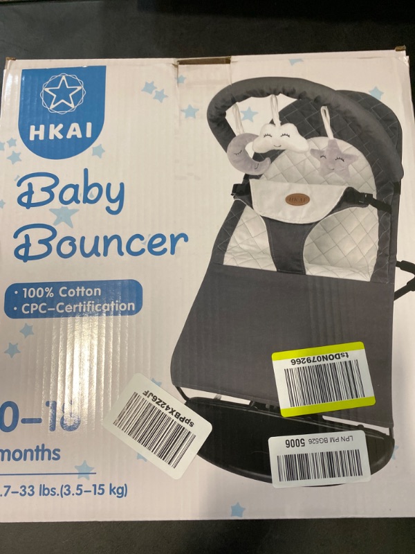 Photo 3 of HKAI Baby Bouncer, Portable Baby Bouncer Seat for Babies 0-18 Months, 100% Cotton Fabrics, 3 Modes of use with Rocker and Stationary Options, Infant Rocker Chair with Hanging Toys-Dark Grey